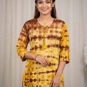 মাস্টার্ড ইয়েলো ও চকলেট ব্রাউন টাই-ডাই প্রিন্ট, প্রিমিয়াম কটন কাপড় এর কুর্তি