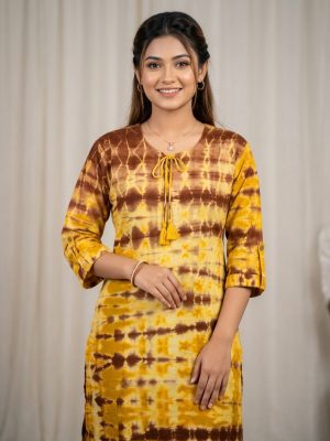 মাস্টার্ড ইয়েলো ও চকলেট ব্রাউন টাই-ডাই প্রিন্ট, প্রিমিয়াম কটন কাপড় এর কুর্তি