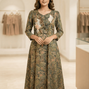 Olive Green and Light Peach with an Earthy-Tone Vintage Floral Print, Indian Soft Silk Fabric