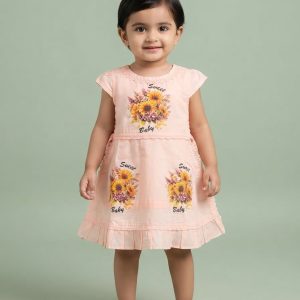 Peach and Yellow Sunflower Print Stylish Baby Girls One-Piece Dress or Frock