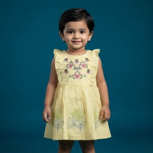 Stylish Light Yellow & Floral Embroidered Baby Girls Frock