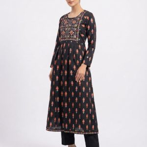 Black and Orange Embroidered and Printed Stylish Women's Flared Kurti