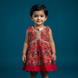 Stylish Red & Multicolour Traditional Print Baby Girls Frock