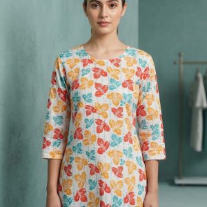 Stylish Multicolor Leaf Printed Premium Cotton Women's Kurti