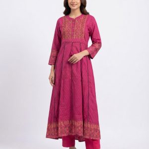 Magenta Embroidered and Printed Stylish Women's Flared Kurti