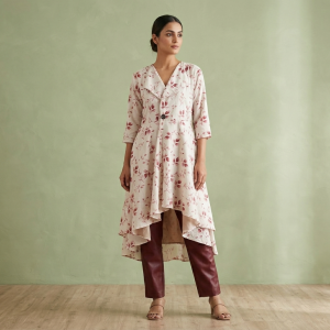 Maroon Leaf Print Premium Soft Silk Tops