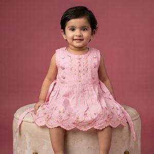 Stylish Light Pink & Floral Embroidered Baby Girls Frock
