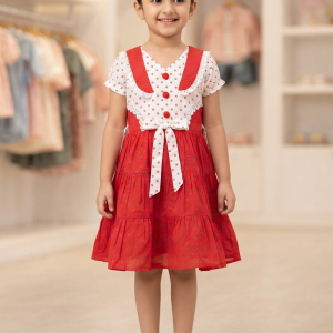 Red and White Floral Print Baby Girls Party Frock