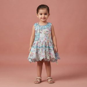 Light Blue and Multicolor Floral Print Stylish Baby Girls One-Piece Dress or Frock