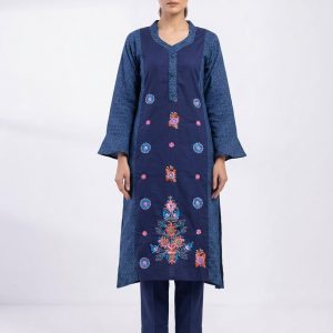 Stylish Navy Blue & Embroidered Premium Cotton Women's Kurti
