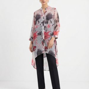 Grey, Red, and Black Floral Print Stylish Women's Semi-Long Shirt