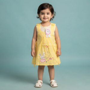 Yellow and White Rabbit Print Stylish Baby Girls One-Piece Dress or Frock