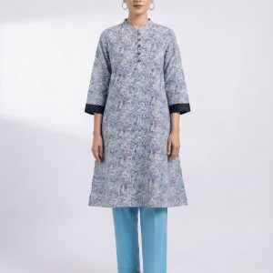 Stylish Grey & Blue Paisley Printed Premium Cotton Women's Kurti & Pant Set