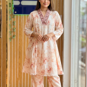 Peach and Cream Printed Embroidered Premium Cotton Two-Piece Set