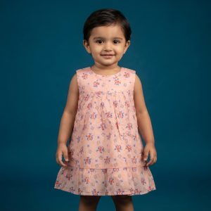 Peach and Blue Floral Print Stylish Baby Girls Frock