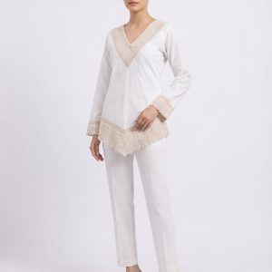 White and Beige Embroidered Stylish Women's Short Shirt and Pants Set