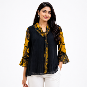 Black & Mustard Printed Premium Soft Silk Short Top