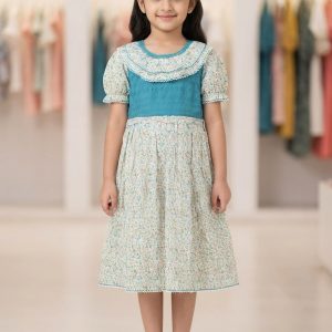 Blue Floral Print Baby Girls Party Frock