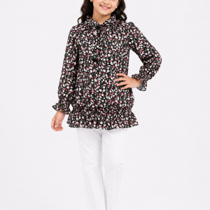 Black and Multicolor Spot Print Full-Sleeve Baby Girls Top