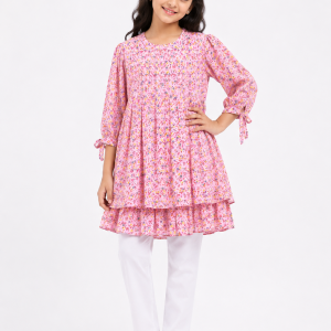 Pink and Multicolor Floral Print Tiered Baby Girls Top