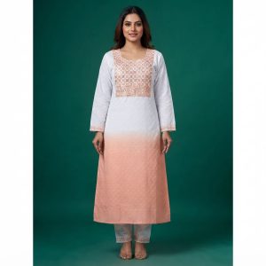 Stylish White & Peach Ombre Embroidered Women's Kurti & Pant Set