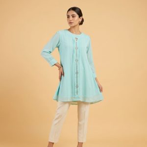 Sky Blue Embroidered Premium Soft Silk Long Tops