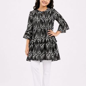 Black and White Abstract Print Tiered Baby Girls Tops