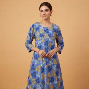 Blue and Yellow Leaf Print Stylish Women's Long Top