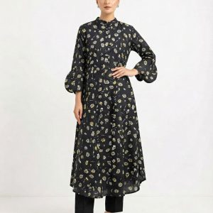 Black and White Daisy Floral Print Stylish Women's Flared Kurti