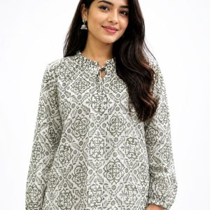 Premium Soft Silk Off-White Geometric Print Short Top