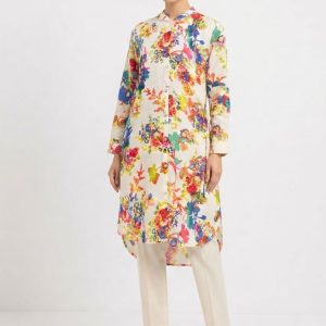 Off-White and Multicolor Floral Print Stylish Women's Long Shirt