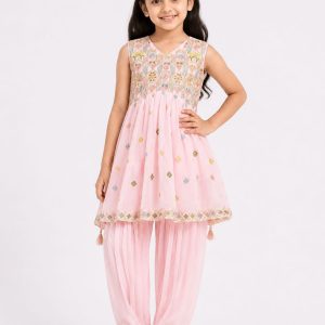 Stylish Light Pink & Embroidered Premium  Baby Girls Peplum & Dhoti Set