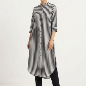 Black and White Vertical Striped Stylish Women's Long Shirt