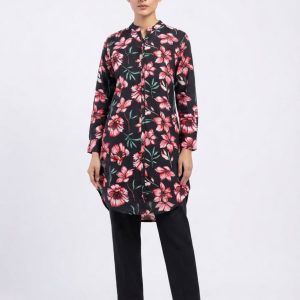Black and Pink Floral Print Stylish Women's Long Shirt