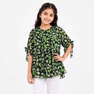 Black and Green Printed Baby Girls Top