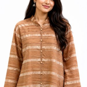 Premium Soft Silk Camel Brown Stripe Print Short Shirt