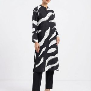 Black and White Abstract Print Stylish Women's Semi-Long Shirt