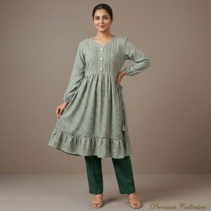 Sage Green Floral Print Premium Soft Silk Long Tops