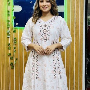 Cream and Olive Green Embroidered Premium Cotton Two-Piece Set