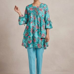 Sea Green Floral Print Premium Soft Silk Layered Tops
