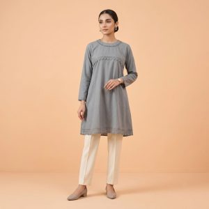 Grey Embroidered Premium Soft Silk Long Tops