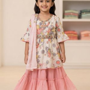 Off-White and Pink Floral Print Baby Girls Three-Piece Set