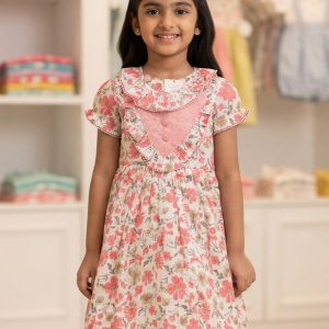 Off-White and Pink Floral Print Baby Girls Party Frock
