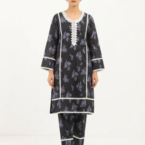 Stylish Black and Purple Floral Print Lace Work Jorget Two-Pices