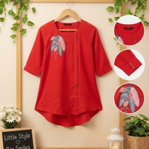 Stylish Red Applique & Embroidered Premium Cotton Kids Fusion Top