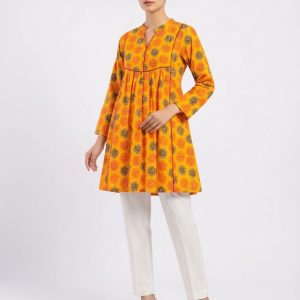 Stylish Yellow & Printed Premium Cotton Women's Short Kurti
