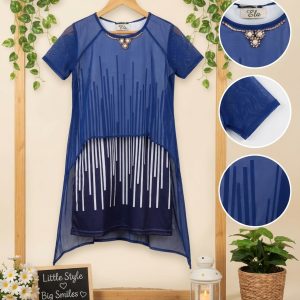 Stylish Blue & Sheer Overlay Designed Premium Single Jersey Cotton Kids Fusion Top