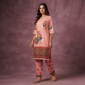 Stylish Dusty Peach & Printed Premium Georgette Women's Two Pice Set