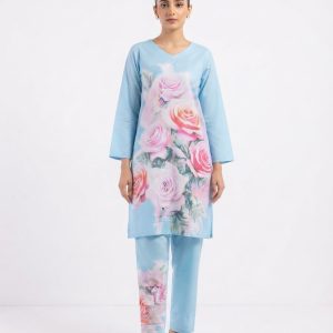Stylish Sky Blue Color Rose Print Jorget Two-Pices