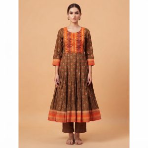 Stylish Brown & Orange Flared Premium Cotton Women's Goljama